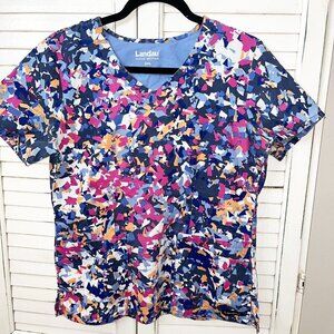Women's Scrub Top Landau Geometric Print Navy Jewel Tones Small
